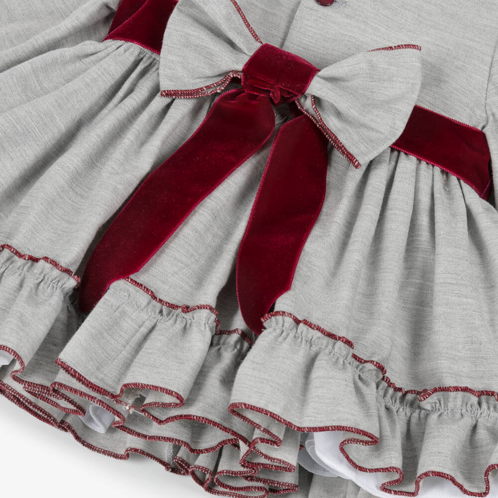 Abuela Tata-Baby Girls Grey & Burgundy Red Cotton Dress Set with Lace Trims | Childrensalon Outlet