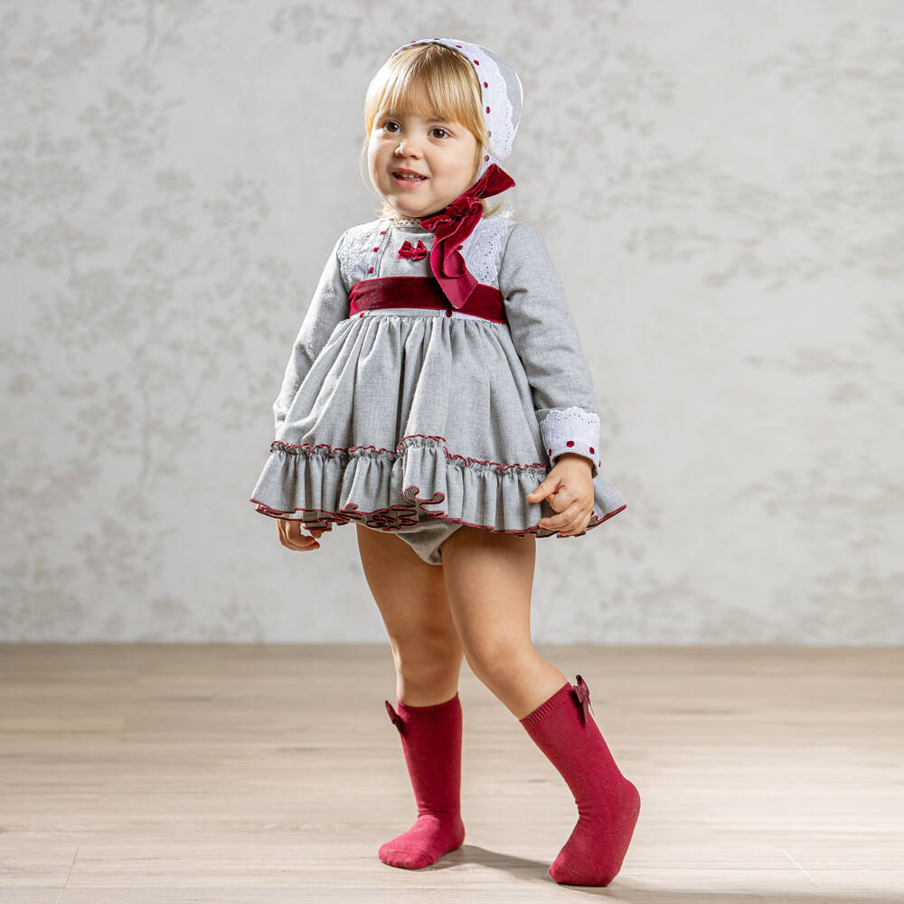 Abuela Tata-Baby Girls Grey & Burgundy Red Cotton Dress Set with Lace Trims | Childrensalon Outlet