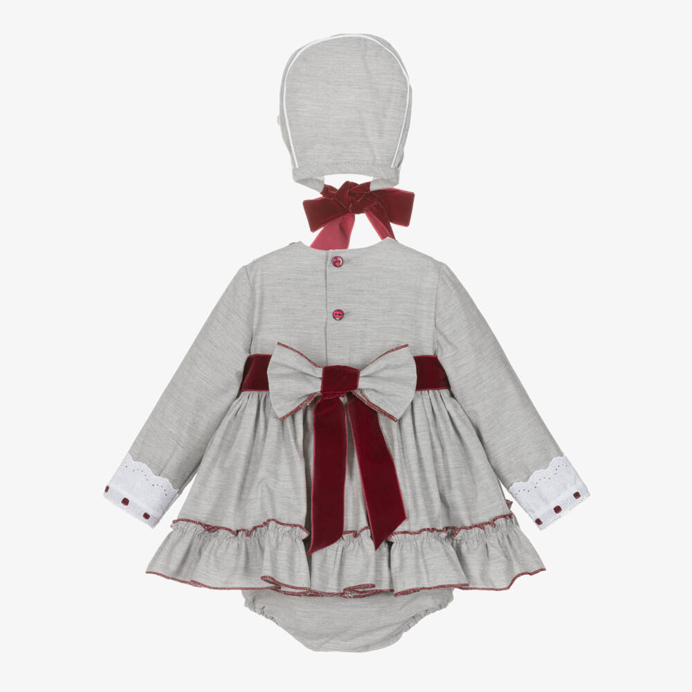 Abuela Tata-Baby Girls Grey & Burgundy Red Cotton Dress Set with Lace Trims | Childrensalon Outlet