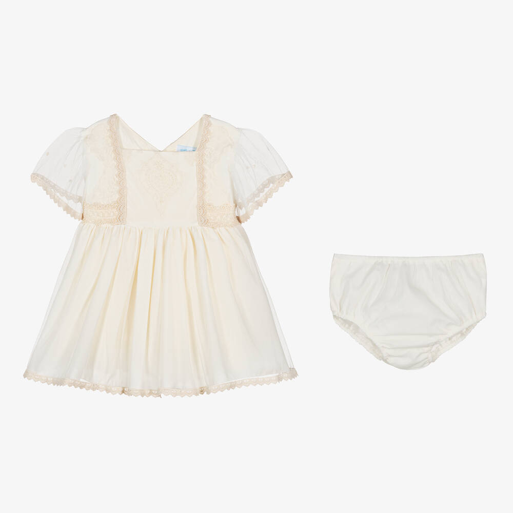 أبويلا تاتا-طقم فستان أطفال بناتي تول مطرز بورود لون عاجي | Childrensalon Outlet