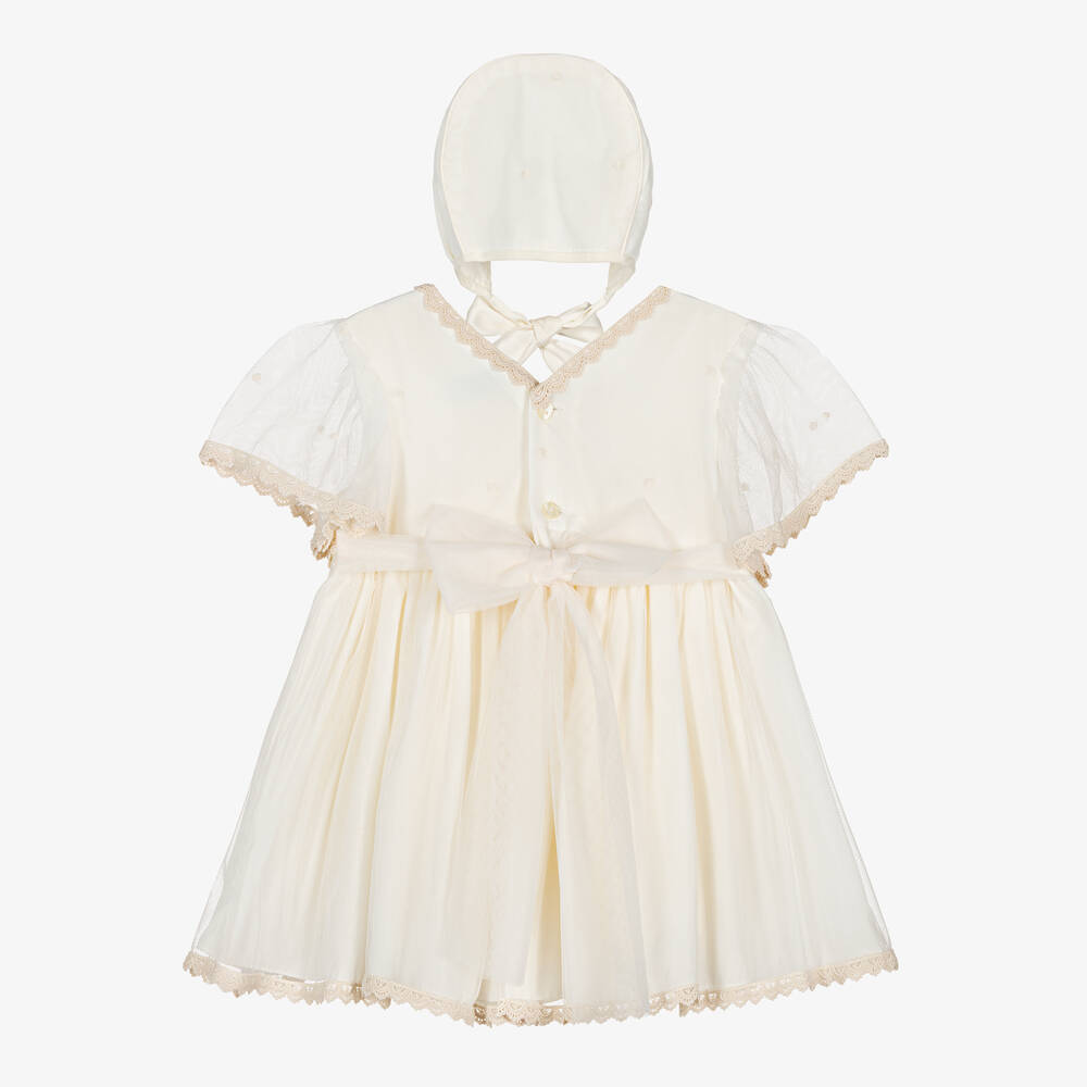 أبويلا تاتا-طقم فستان أطفال بناتي تول مطرز بورود لون عاجي | Childrensalon Outlet