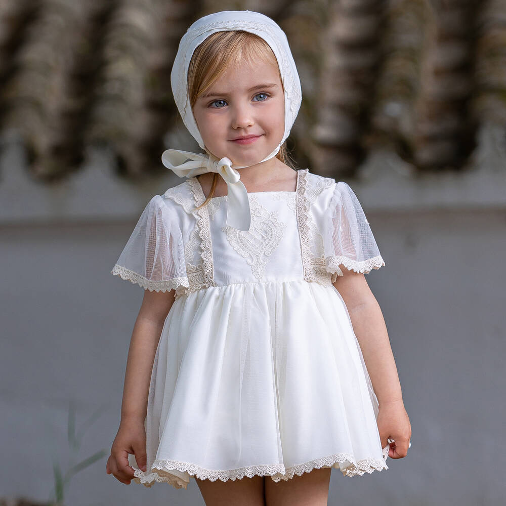 أبويلا تاتا-طقم فستان أطفال بناتي تول مطرز بورود لون عاجي | Childrensalon Outlet