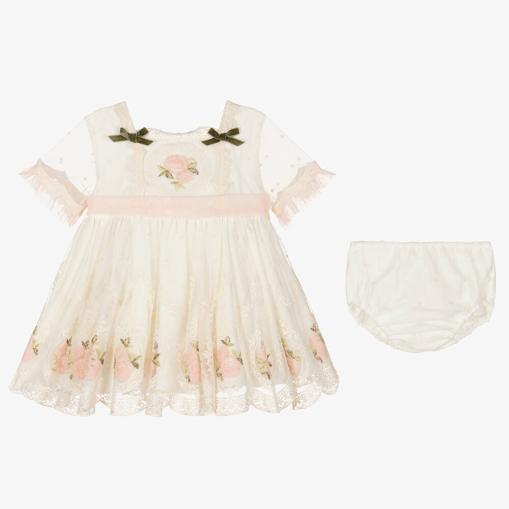 أبويلا تاتا-طقم فستان قطن وتول مطرز لون عاجي | Childrensalon Outlet
