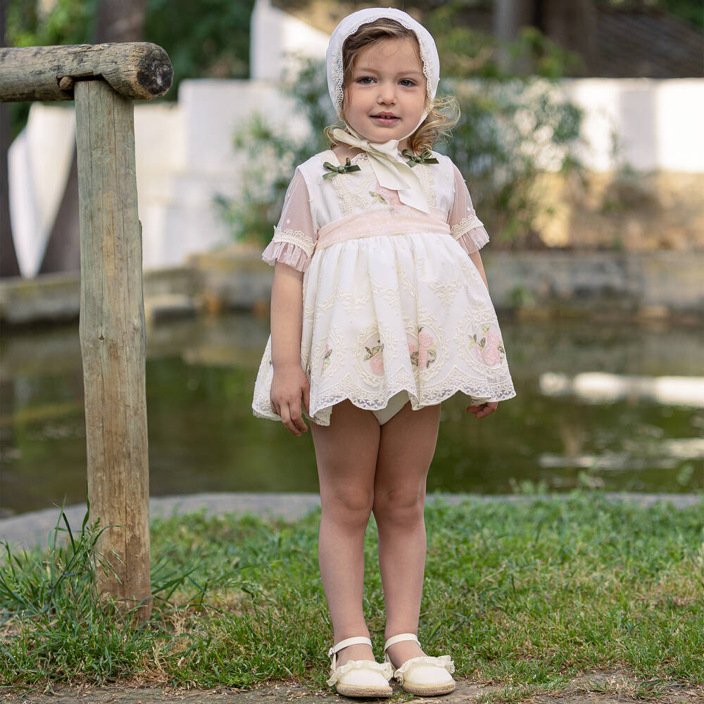 أبويلا تاتا-طقم فستان قطن وتول مطرز لون عاجي | Childrensalon Outlet