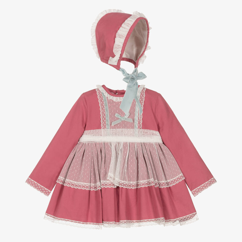 Abuela Tata - طقم فستان قطن تويل مزين بدانتيل لون زهري | Childrensalon