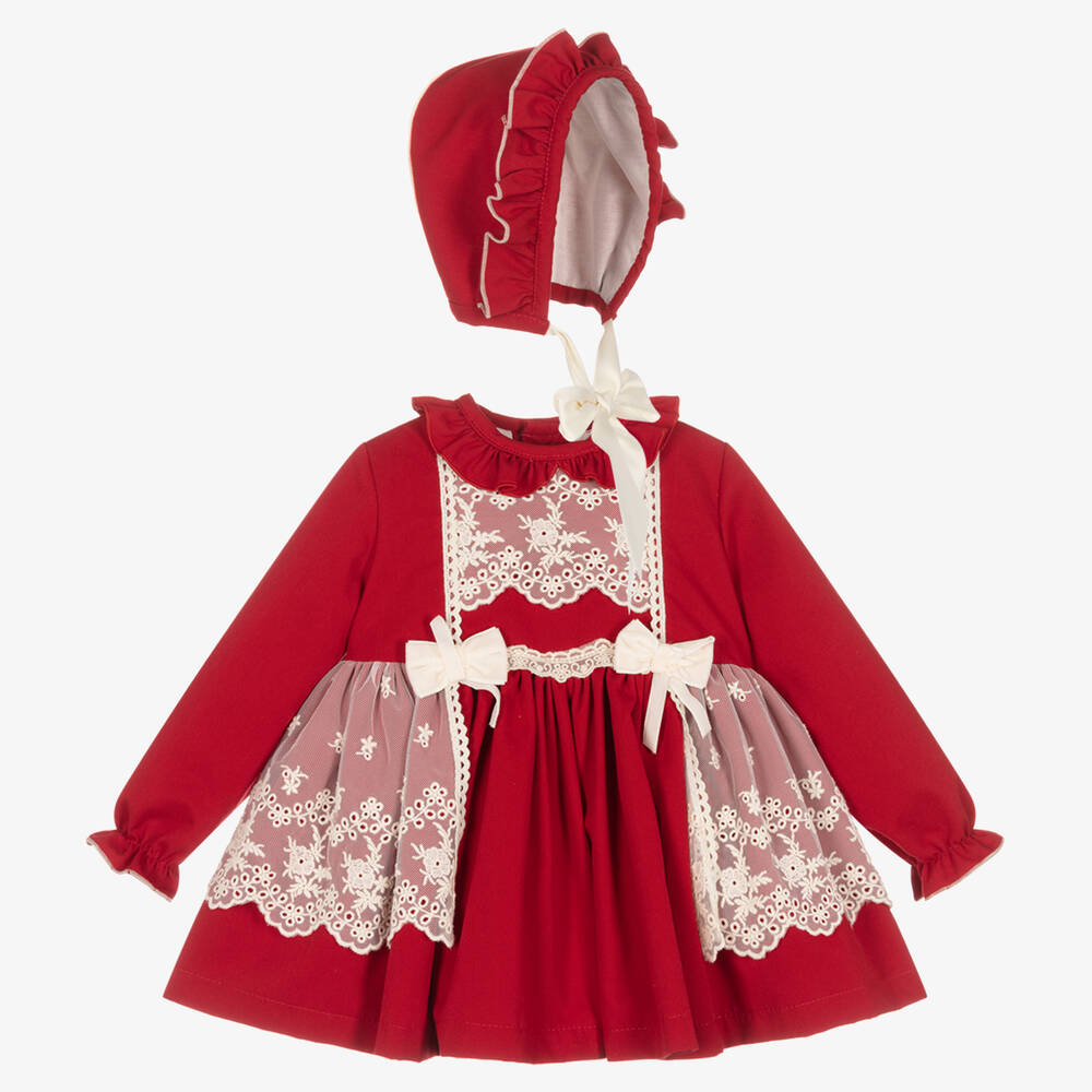 Abuela Tata - Baby Girls Red Cotton Lace Dress Set | Childrensalon