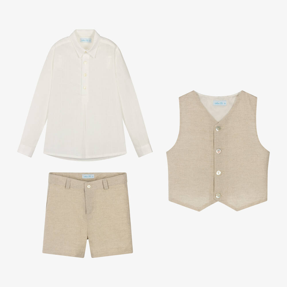 Abuela Tata-Boys Beige Cotton Shorts Set | Childrensalon Outlet