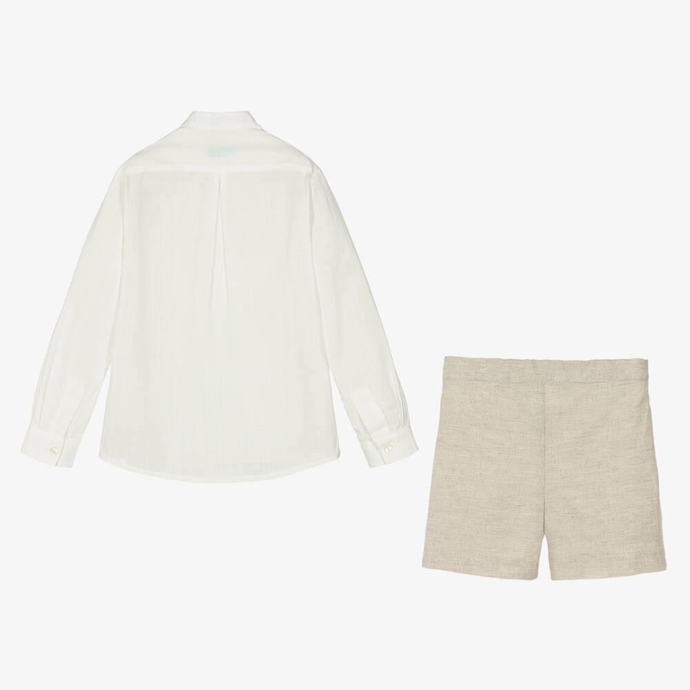 Abuela Tata-طقم شورت قطن وكتان لون بيج وعاجي للأولاد | Childrensalon Outlet