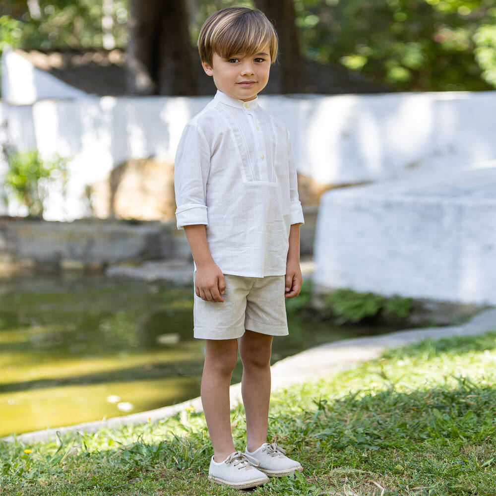 Abuela Tata - Boys Beige & Ivory Cotton & Linen Shorts Set
