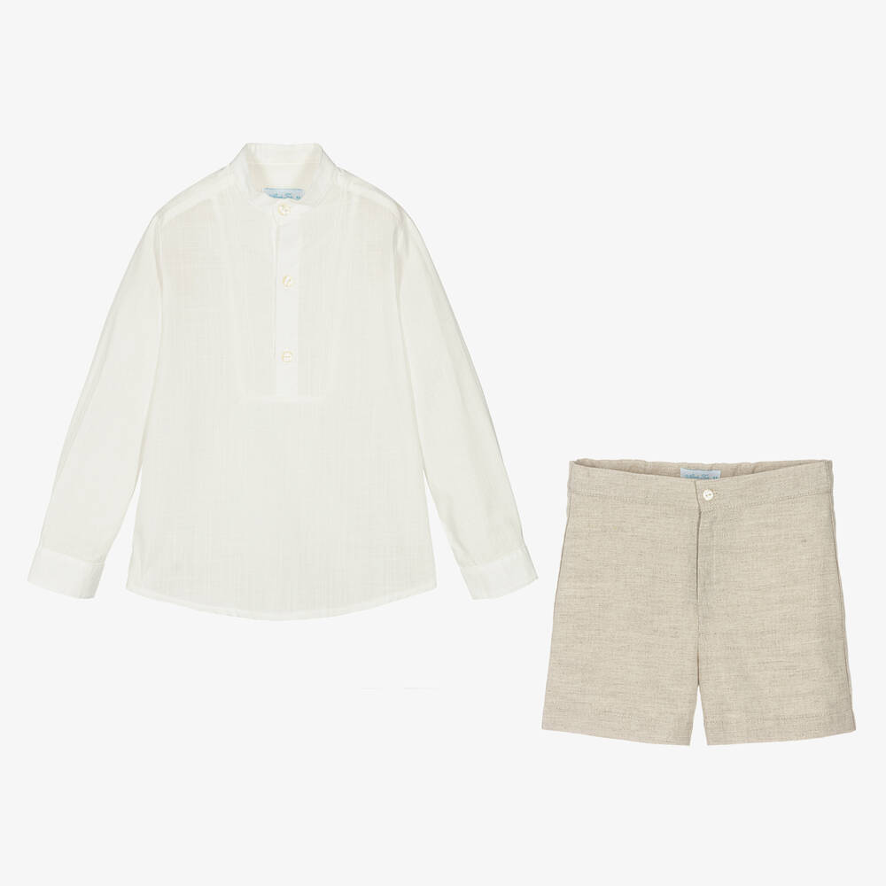 Abuela Tata-طقم شورت قطن وكتان لون بيج وعاجي للأولاد | Childrensalon Outlet