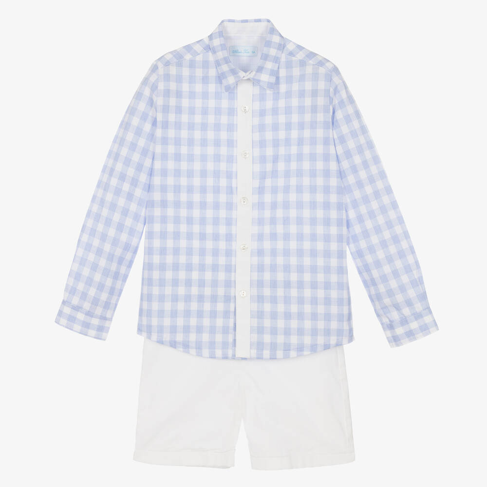 Abuela Tata-Boys Blue Gingham Cotton Shorts Set | Childrensalon Outlet