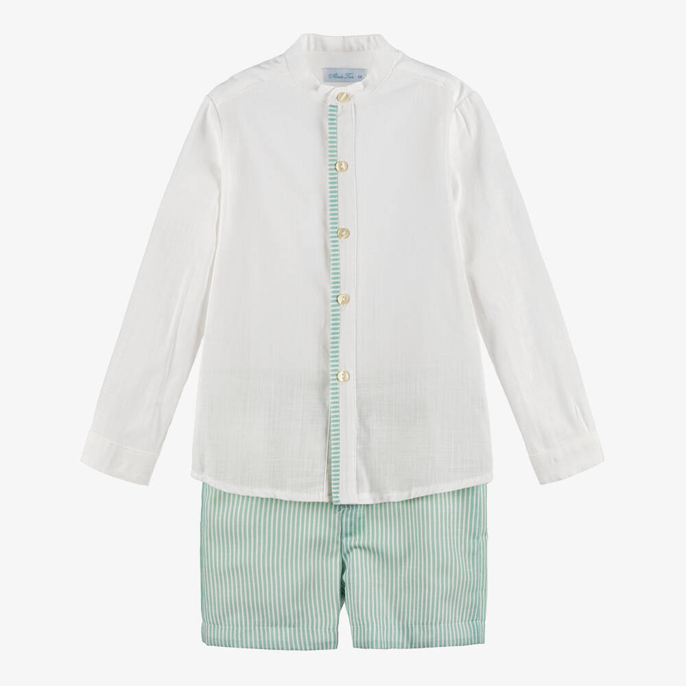 Abuela Tata-Boys Green & Ivory Stripe Ensemble | Childrensalon Outlet