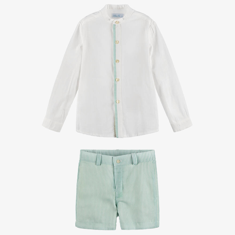 Abuela Tata-Boys Green & Ivory Stripe Ensemble | Childrensalon Outlet