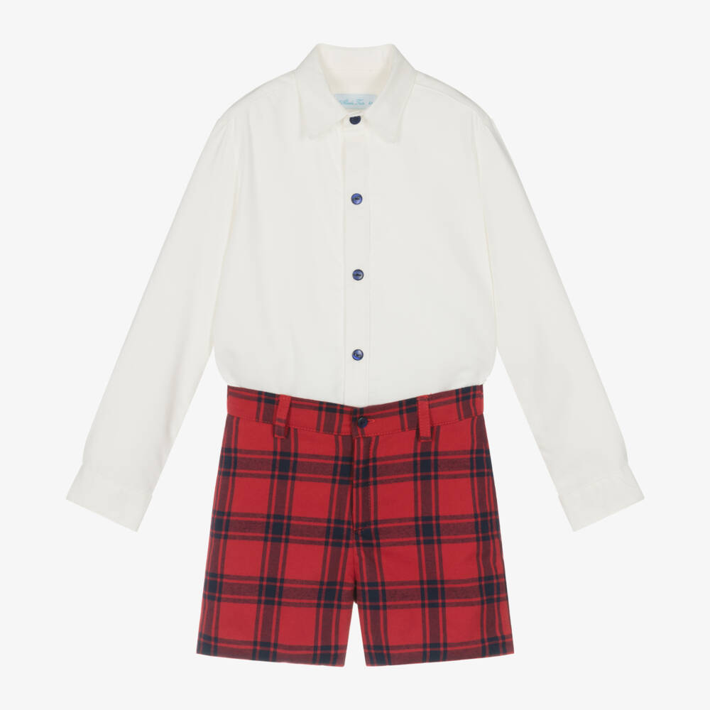 Abuela Tata-Boys Ivory and Red Plaid Set | Childrensalon Outlet