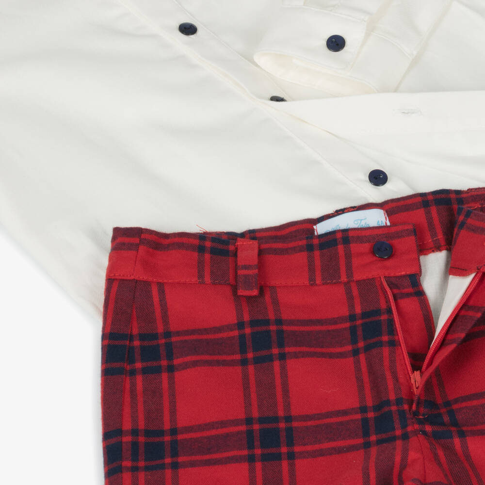 Abuela Tata-طقم شورت كاروهات قطن لون أحمر وعاجي للأولاد | Childrensalon Outlet