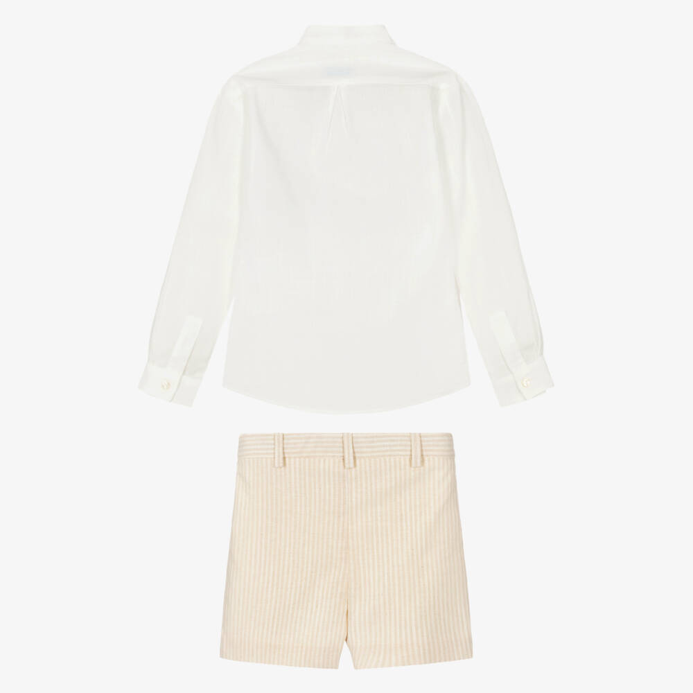 Abuela Tata-Boys Ivory Collarless Shirt & Beige Shorts Set | Childrensalon Outlet