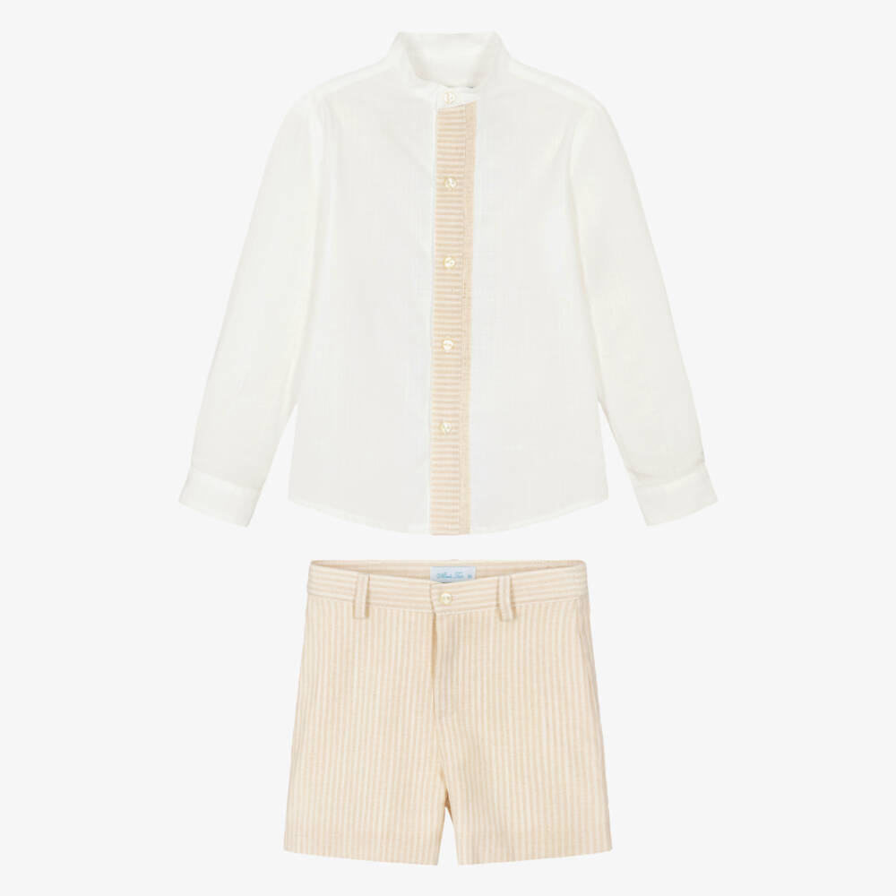 Abuela Tata-Boys Ivory Collarless Shirt & Beige Shorts Set | Childrensalon Outlet