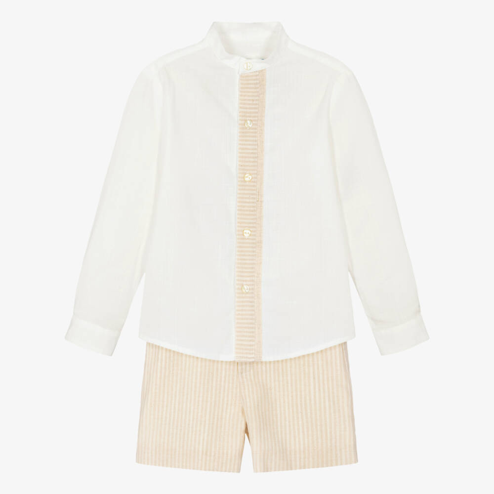 Abuela Tata-Boys Ivory Collarless Shirt & Beige Shorts Set | Childrensalon Outlet