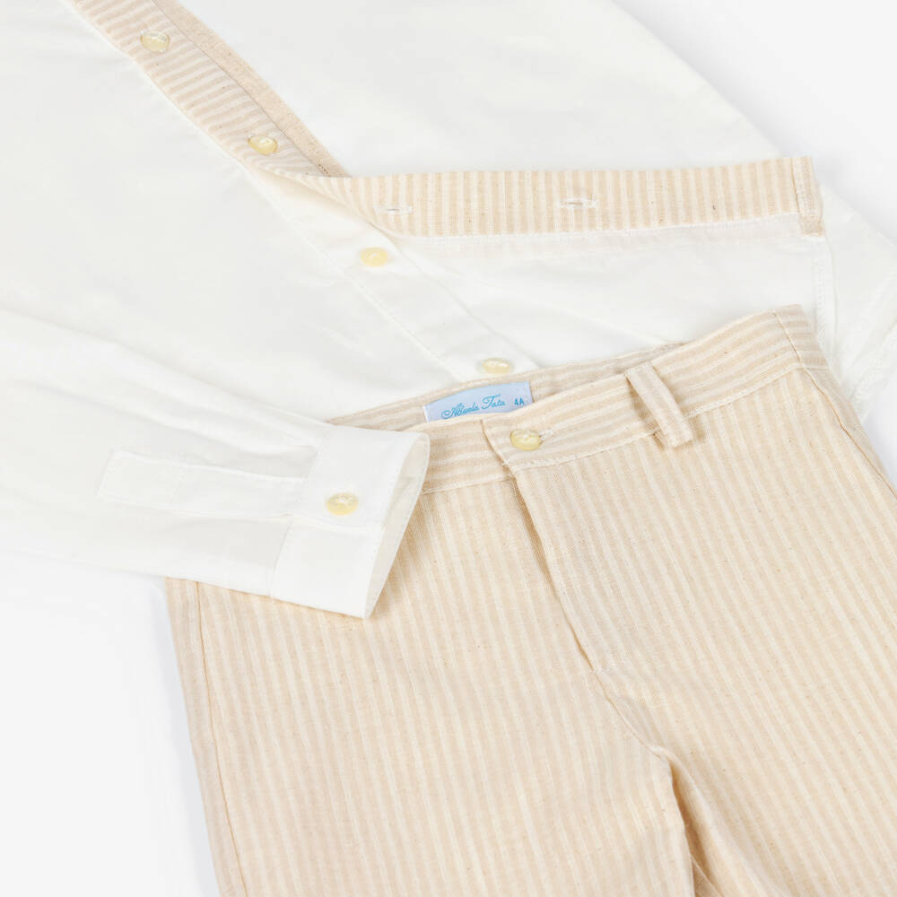 Abuela Tata-Boys Ivory Collarless Shirt & Beige Shorts Set | Childrensalon Outlet