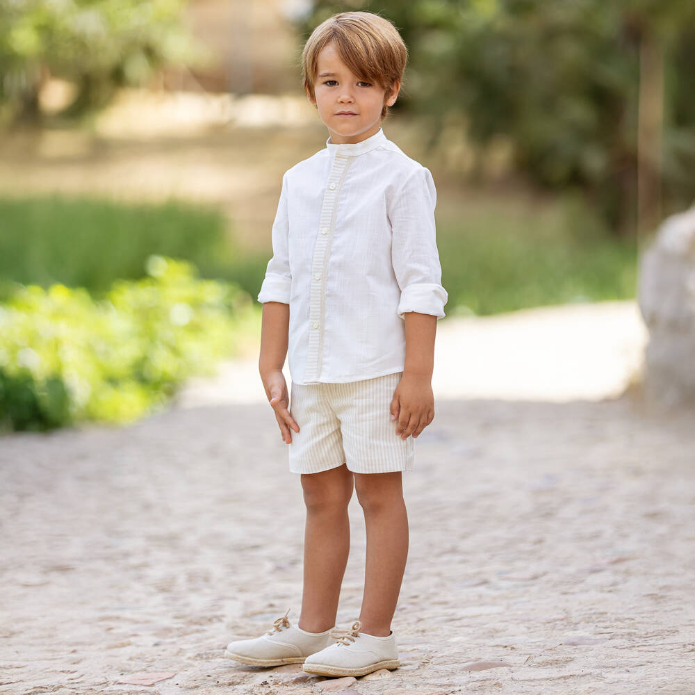 Abuela Tata-Boys Ivory Collarless Shirt & Beige Shorts Set | Childrensalon Outlet