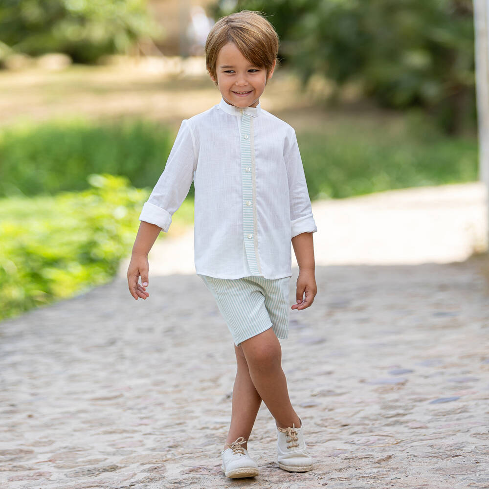 Abuela Tata-Boys Ivory Collarless Shirt & Green Striped Shorts Set | Childrensalon Outlet