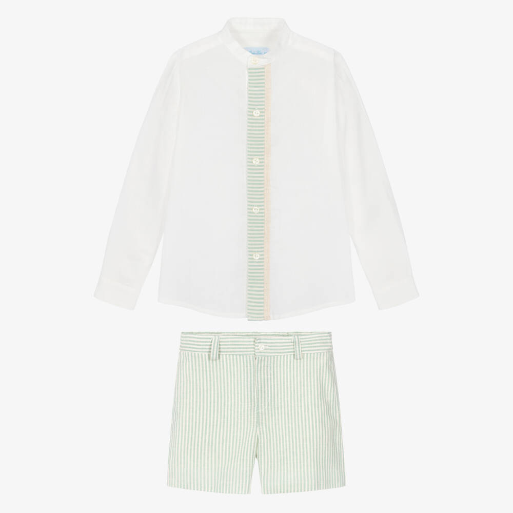 Abuela Tata-Boys Ivory Collarless Shirt & Green Striped Shorts Set | Childrensalon Outlet