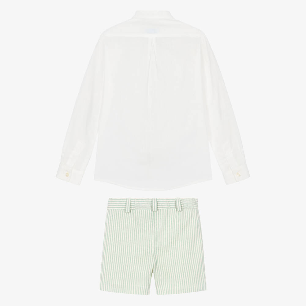 Abuela Tata-Boys Ivory Collarless Shirt & Green Striped Shorts Set | Childrensalon Outlet