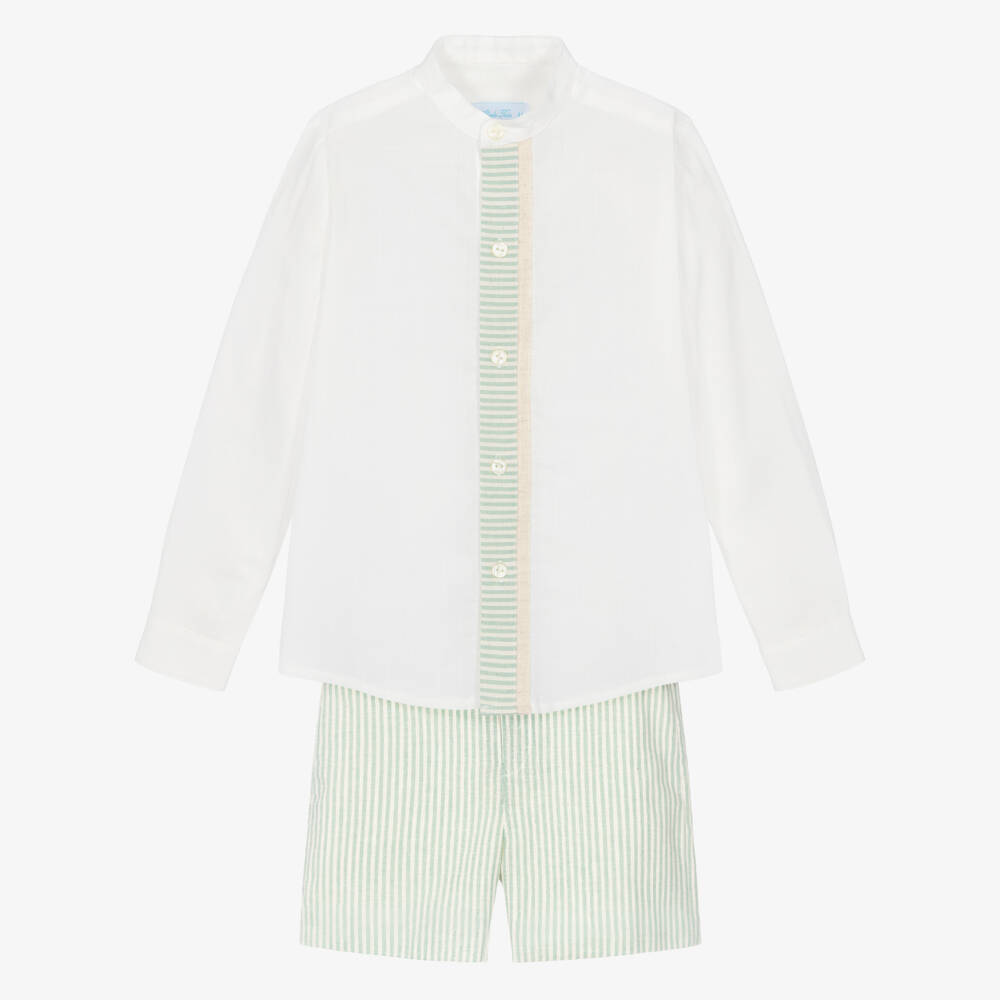 Abuela Tata-Boys Ivory Collarless Shirt & Green Striped Shorts Set | Childrensalon Outlet