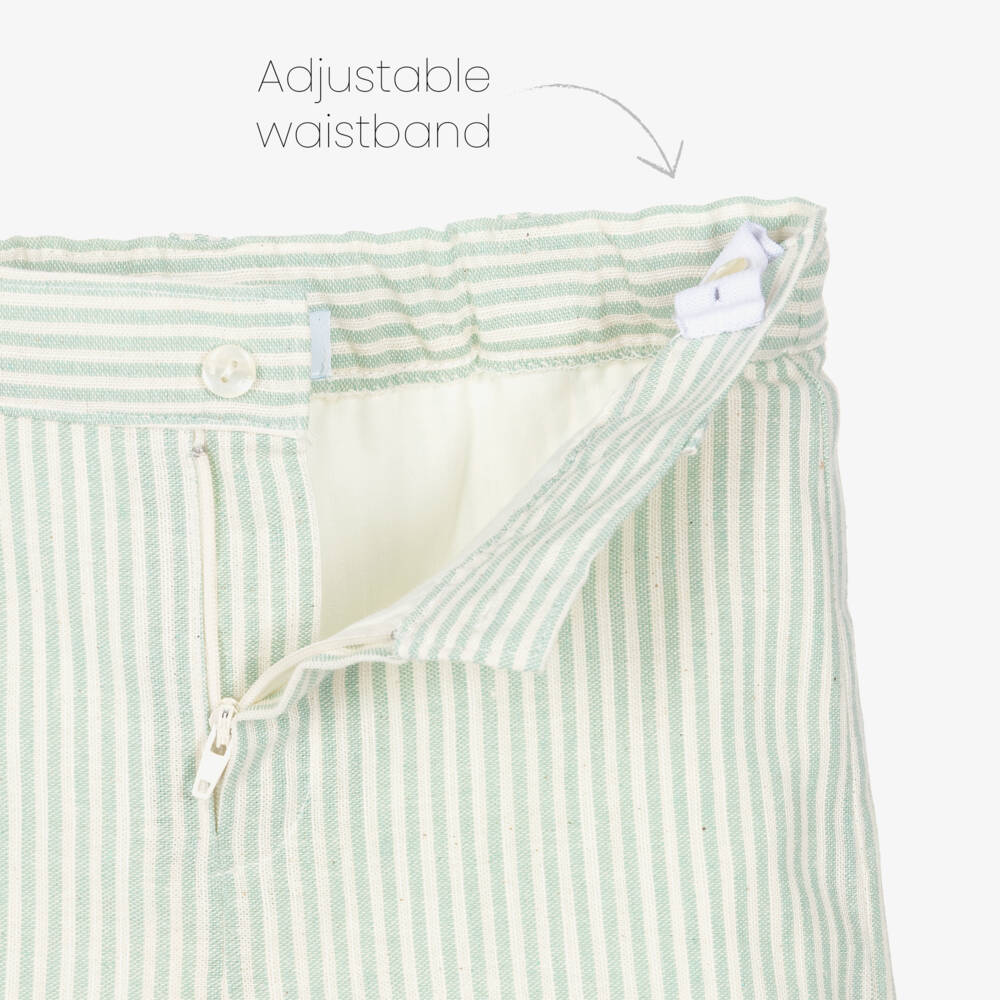 Abuela Tata-Boys Ivory Collarless Shirt & Green Striped Shorts Set | Childrensalon Outlet