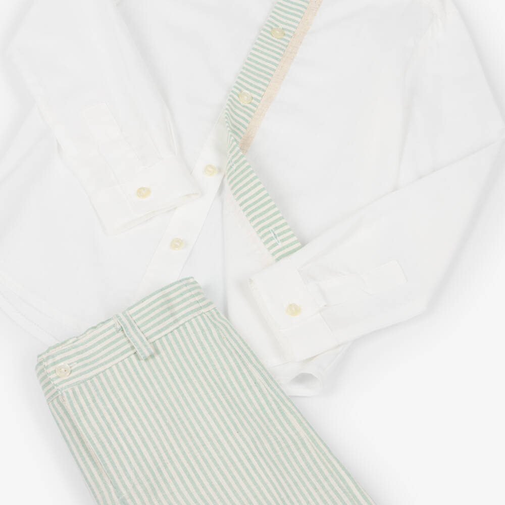 Abuela Tata-Boys Ivory Collarless Shirt & Green Striped Shorts Set | Childrensalon Outlet