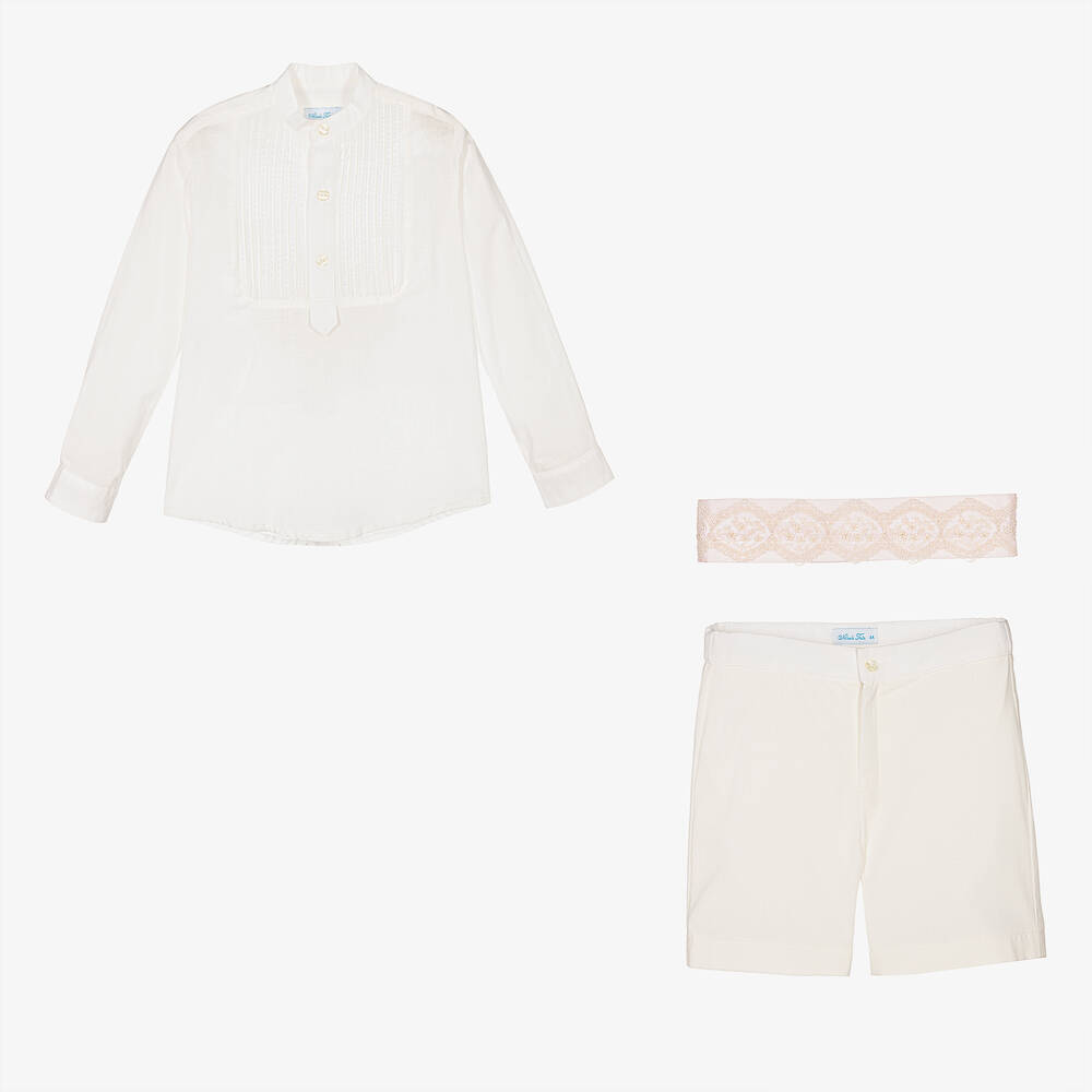 Abuela Tata-Boys Ivory Cotton Shirt & Shorts Set | Childrensalon Outlet