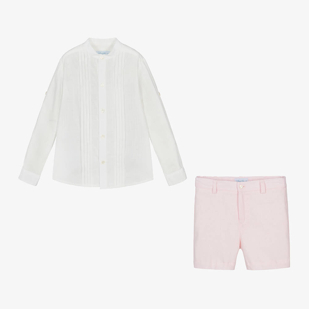 Abuela Tata-Boys Ivory & Pink Cotton & Linen Shorts Set | Childrensalon Outlet