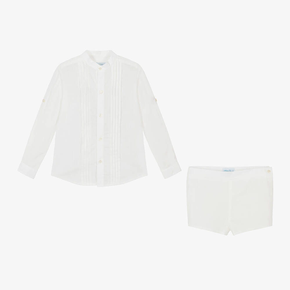 Abuela Tata-Boys Ivory & Pink Cotton Shorts Set | Childrensalon Outlet