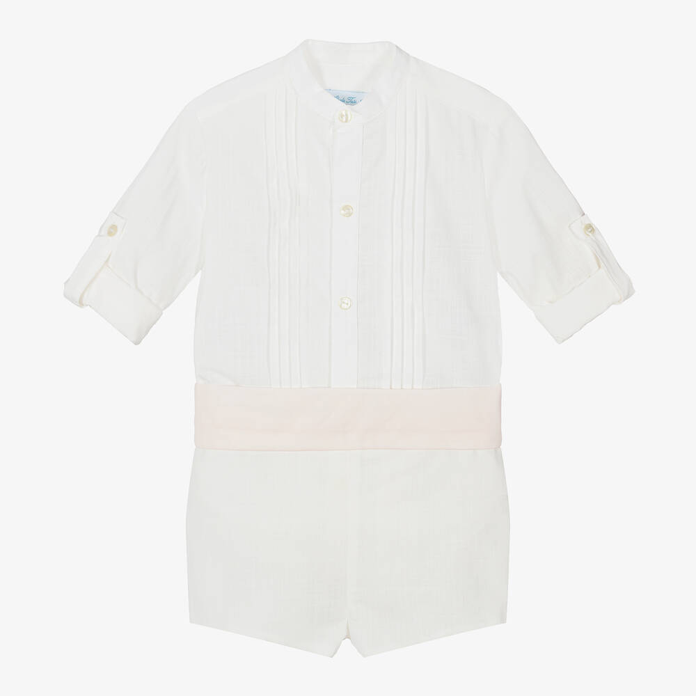Abuela Tata-Boys Ivory & Pink Cotton Shorts Set | Childrensalon Outlet
