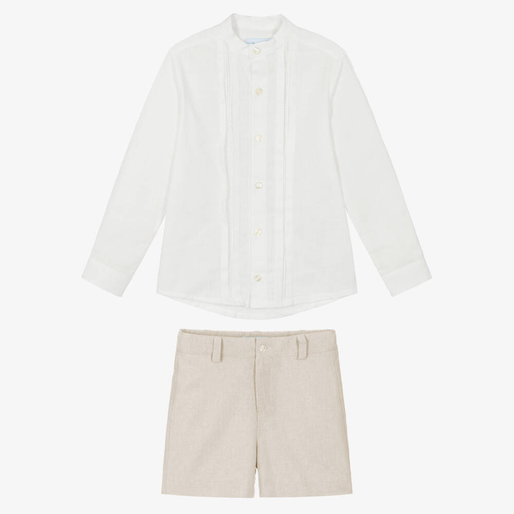 Abuela Tata-Boys Ivory Shirt & Beige Shorts Set | Childrensalon Outlet