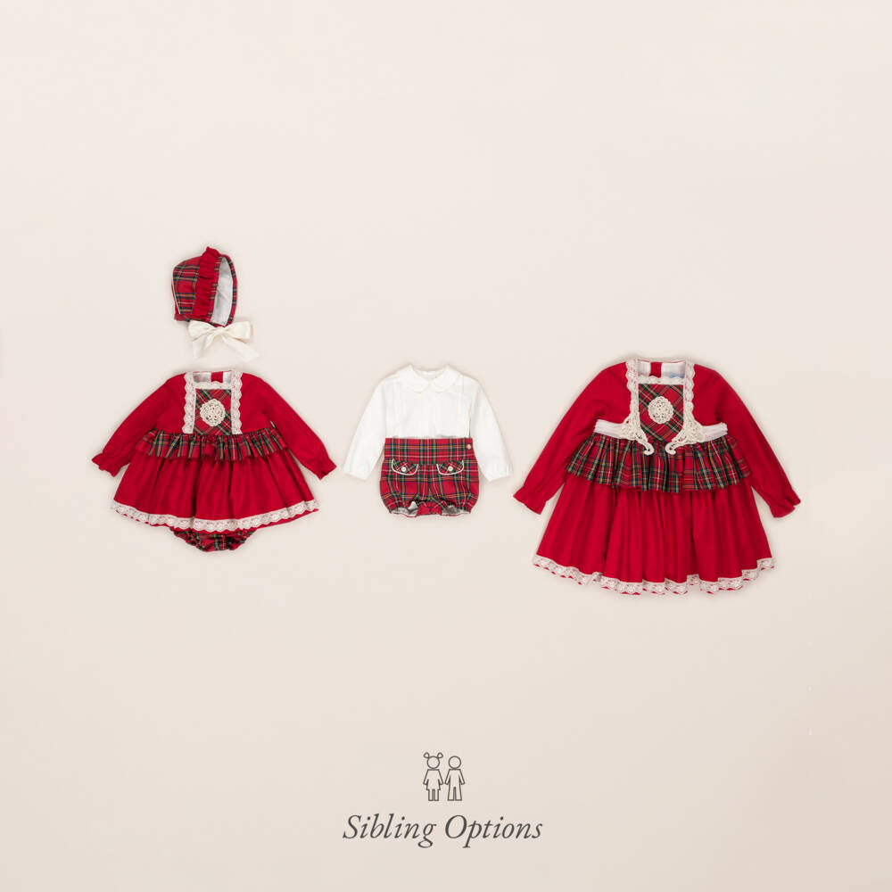 أبويلا تاتا-طقم شورت أطفال ولادي تارتان قطن لون أحمر وعاجي | Childrensalon Outlet