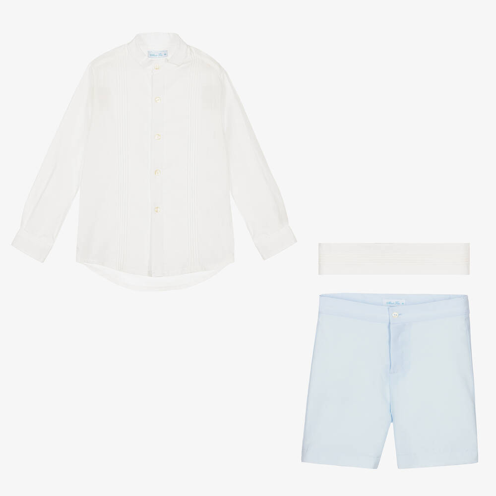 Abuela Tata-Boys White & Blue Cotton Shorts Set  | Childrensalon Outlet
