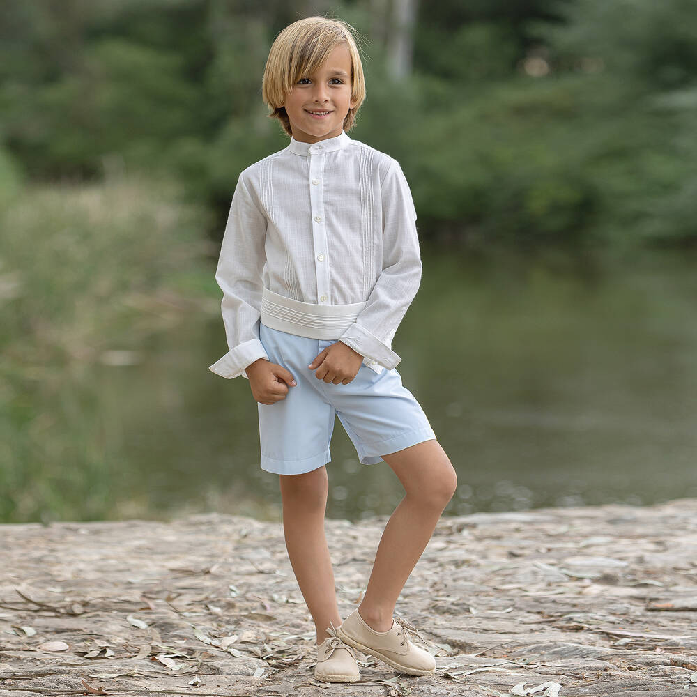 Abuela Tata-Boys White & Blue Cotton Shorts Set  | Childrensalon Outlet