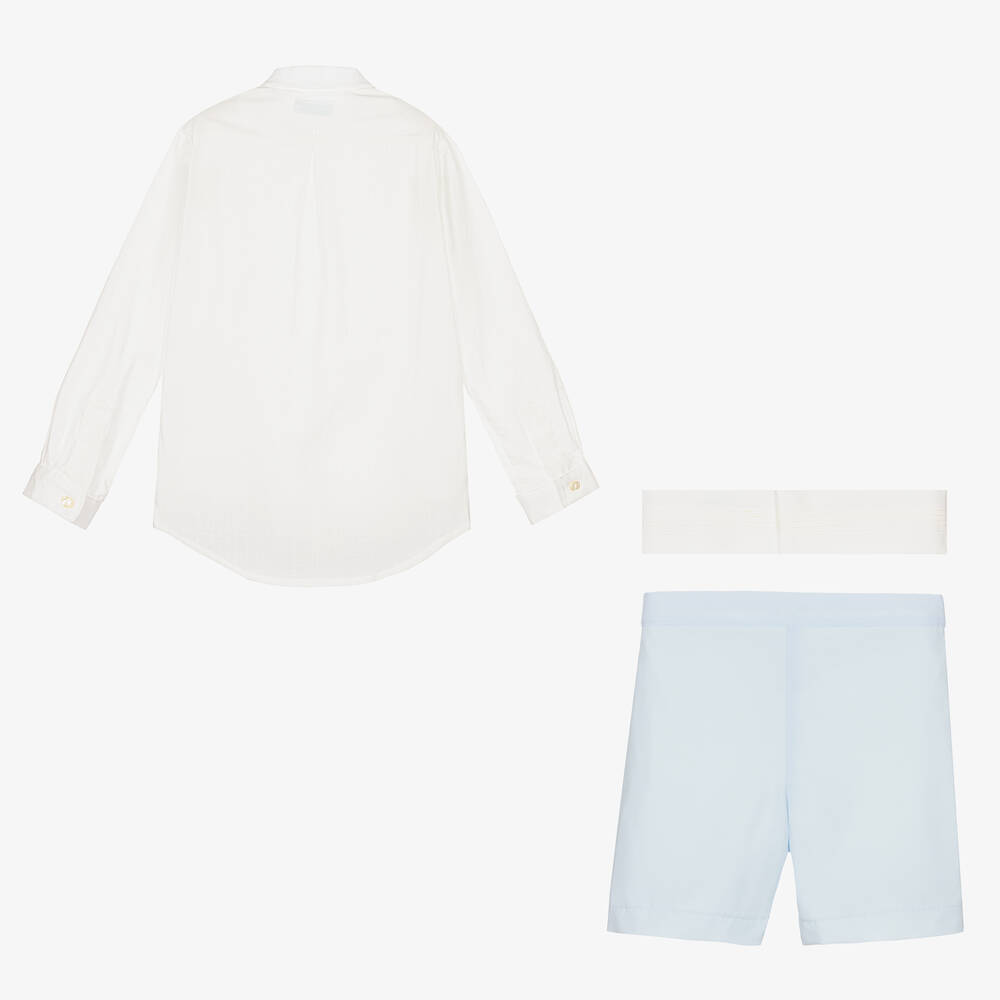 Abuela Tata-Boys White & Blue Cotton Shorts Set  | Childrensalon Outlet