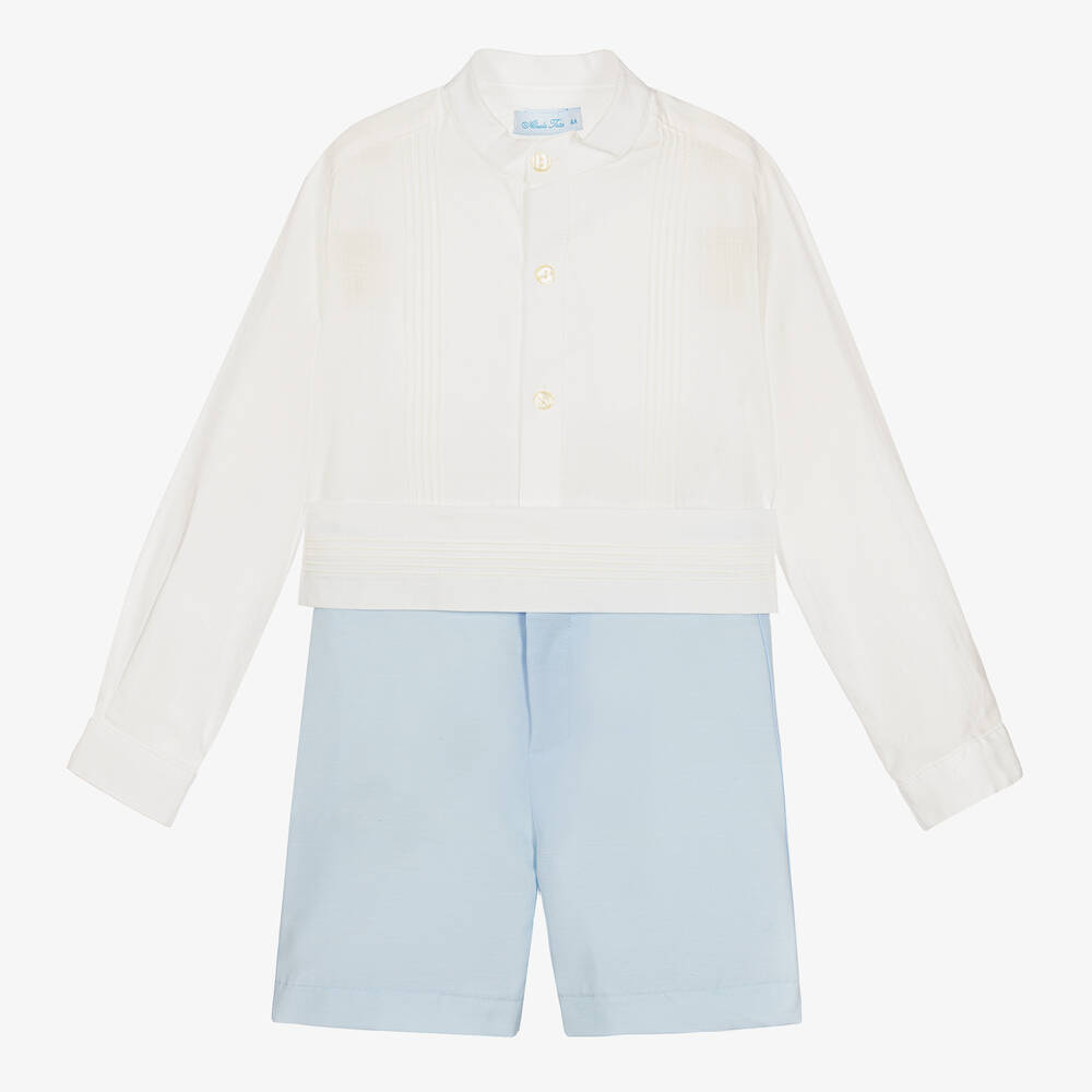 Abuela Tata - Boys White & Blue Cotton Shorts Set  | Childrensalon