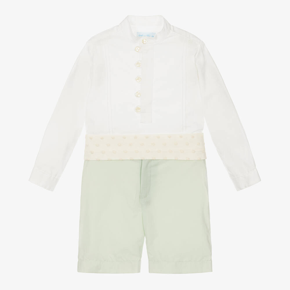 Abuela Tata - Boys White Shirt & Green Shorts Set | Childrensalon