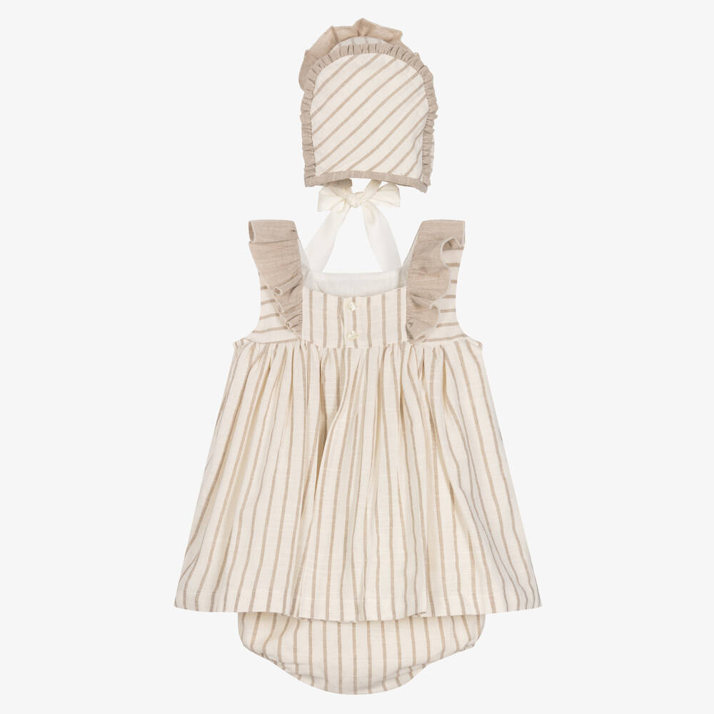 Abuela Tata-Girls Beige Cotton Striped Dress Set | Childrensalon Outlet