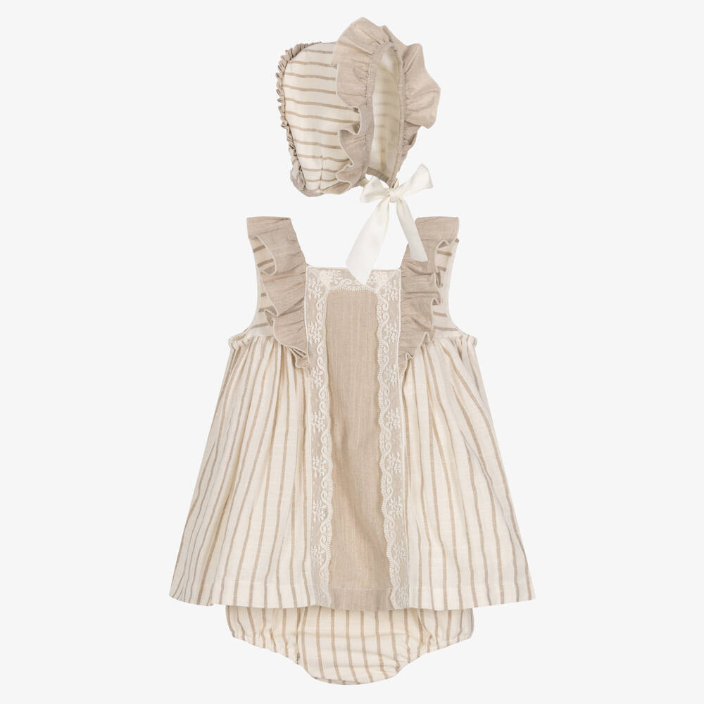 Abuela Tata - Girls Beige Cotton Striped Dress Set | Childrensalon