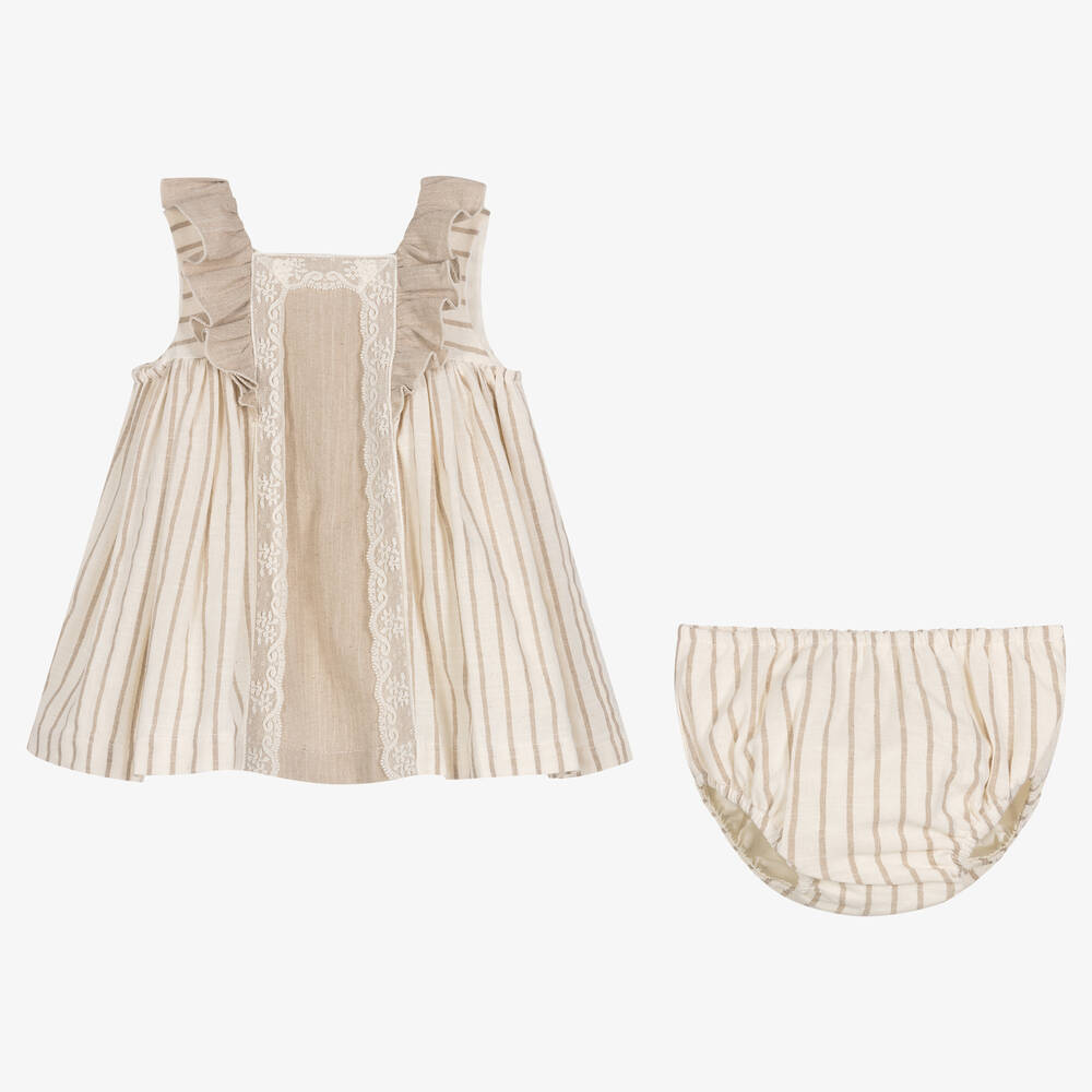 Abuela Tata-Girls Beige Cotton Striped Dress Set | Childrensalon Outlet