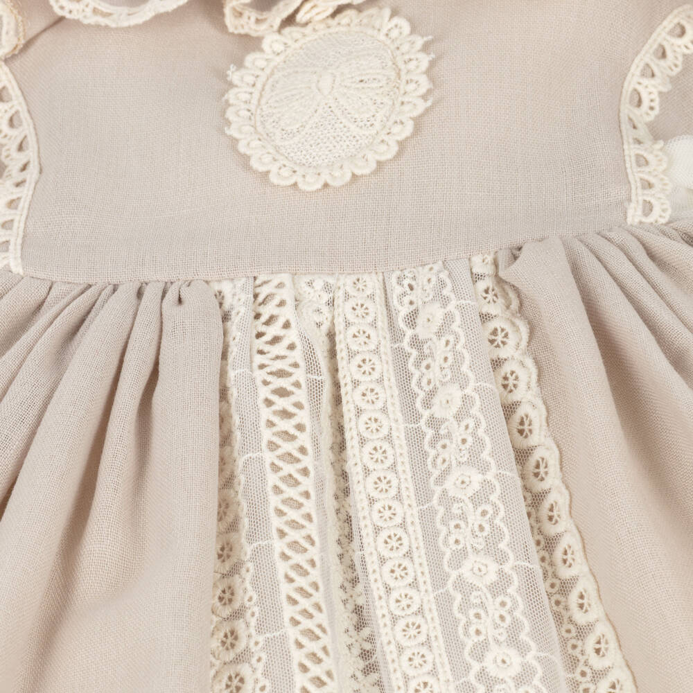 Abuela Tata-Girls Beige Dress with Ivory Lace & Tulle Trims | Childrensalon Outlet