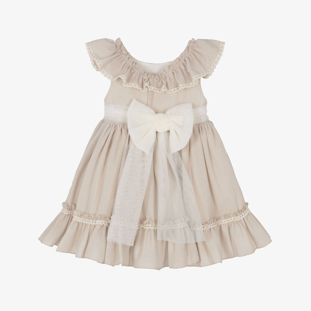 Abuela Tata-Girls Beige Dress with Ivory Lace & Tulle Trims | Childrensalon Outlet