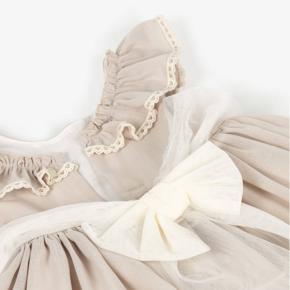 Abuela Tata-Girls Beige Dress with Ivory Lace & Tulle Trims | Childrensalon Outlet