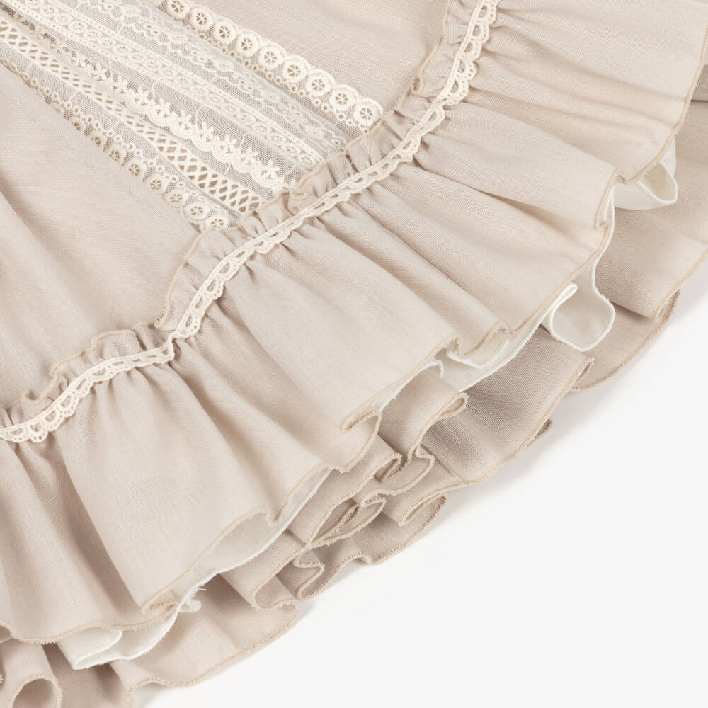 Abuela Tata-Girls Beige Dress with Ivory Lace & Tulle Trims | Childrensalon Outlet