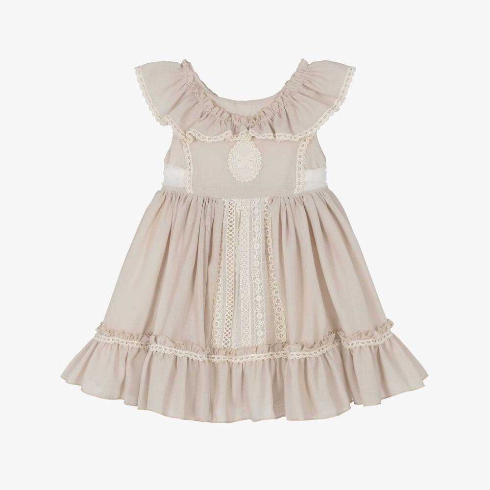 Abuela Tata-Girls Beige Dress with Ivory Lace & Tulle Trims | Childrensalon Outlet
