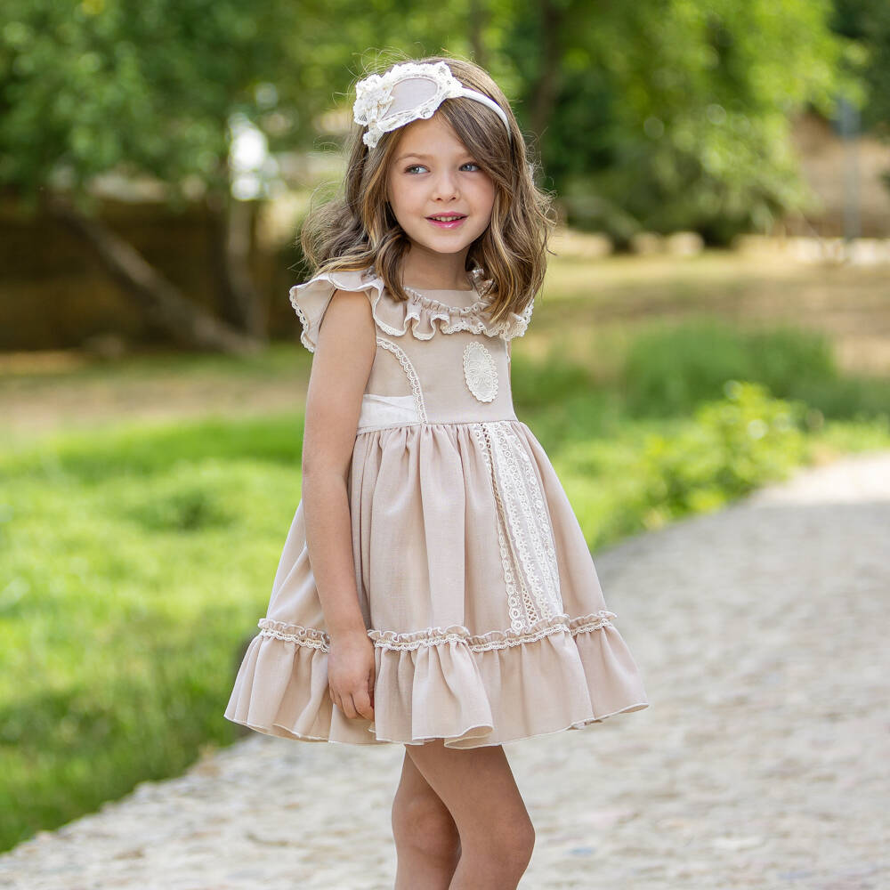 Abuela Tata-Girls Beige Dress with Ivory Lace & Tulle Trims | Childrensalon Outlet